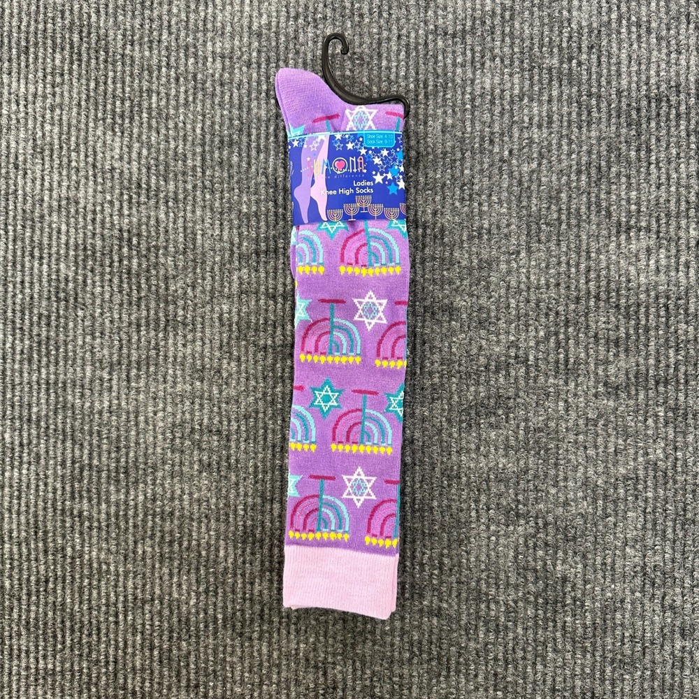 Sumona Hanukkah Knee High Socks Ladies Size 9-11 Purple Menorah Star of David